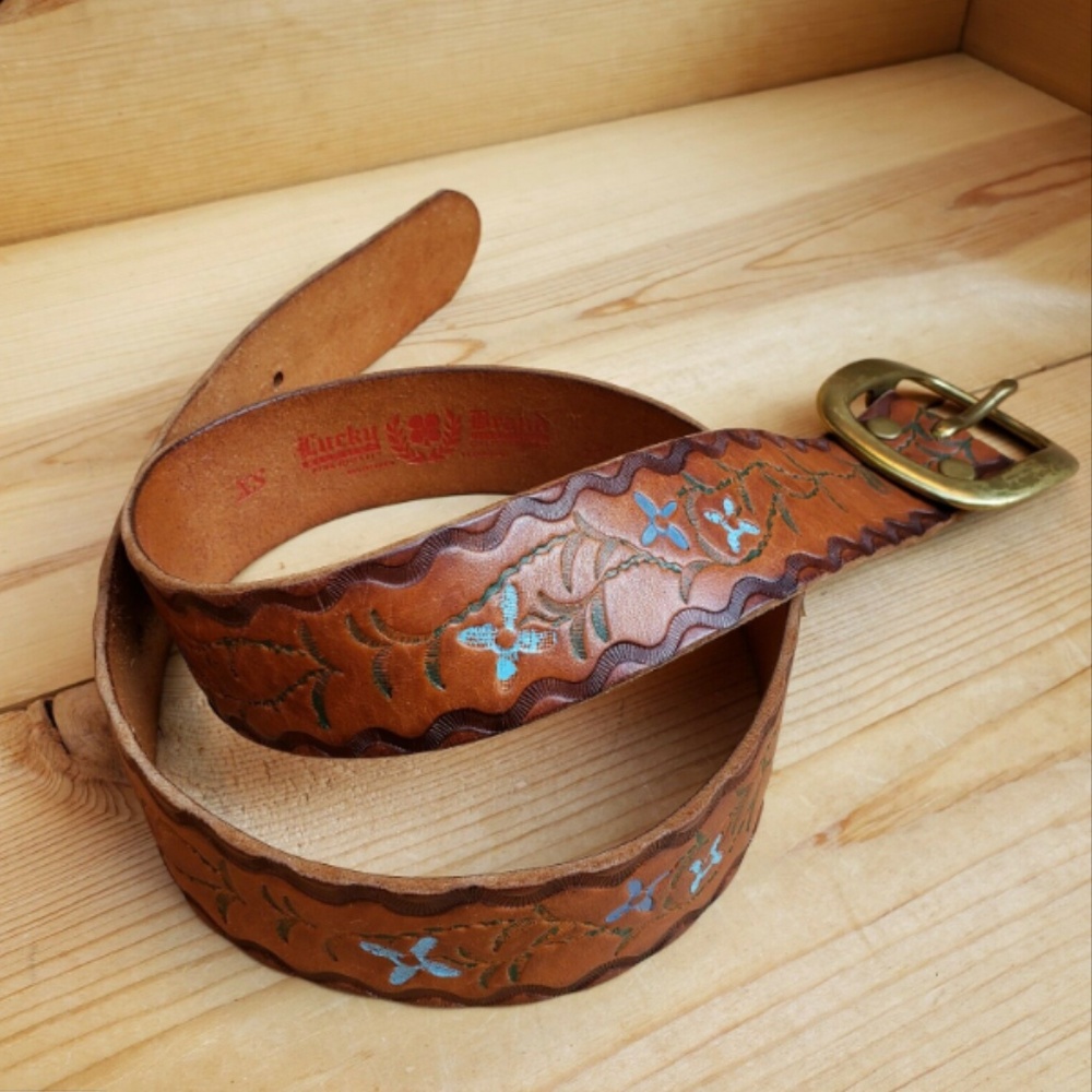 XS Lucky Brand Belt Leather Floral Hand Painted - Picture 5 of 8